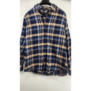 LANDS END Men's Size Medium 38-40 Blue Yellow Flannel Plaid Long Sleeve Shirt